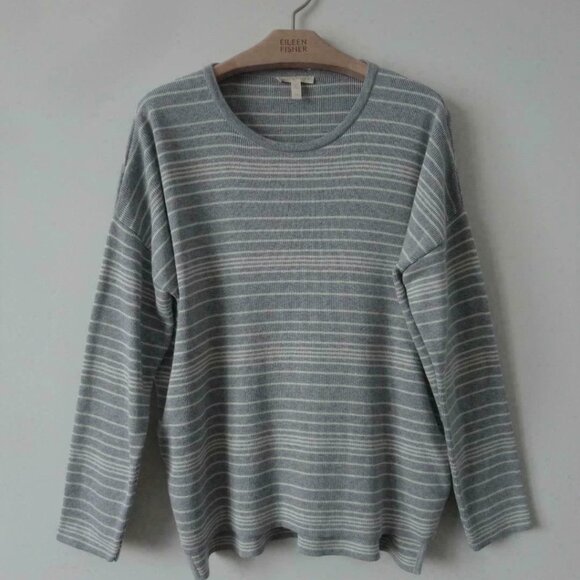 New EILEEN FISHER Grey White Stripe Organic Cotton Crew Neck Box Top Sweater S - Picture 6 of 7